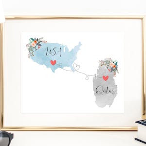USA Qatar Wall Art / Qatar USA Print / United States Qatar Print / Trip Reveal Print / Military Gifts / Au Pair Gift / Vacation Reveal