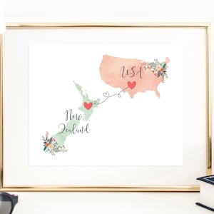 USA New Zealand Wall Art / New Zealand USA Print / United States New Zealand Print / Trip Reveal Print / Military Gifts / Vacation Reveal