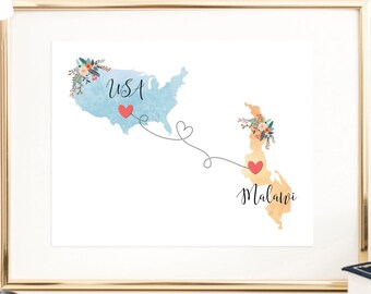 USA Malawi Wall Art / Malawi USA Print / United States Malawi Print / Trip Reveal Print / Military Gifts / Au Pair Gifts / Vacation Reveal