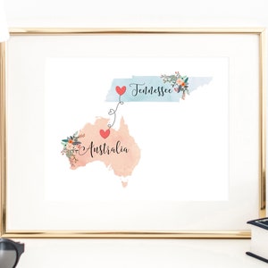 Tennessee Australia Wall Art / Australia Tennessee Print / Australia Hostess Gift / Moving to Tennessee / Going Away to College Gift