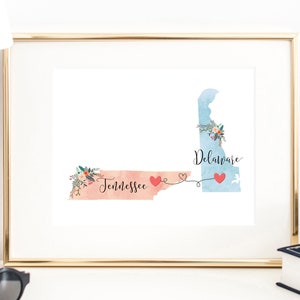 Delaware Tennessee Wall Art / Delaware Tennessee Print / Tennessee Delaware Decor / Two State Print / State Decor