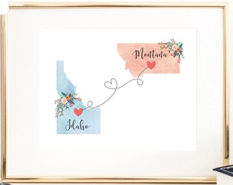 Väggkonst i Idaho Montana / Idaho Montana-tryck / Montana Idaho-dekor / Tryck med två stater / Statsdekor
