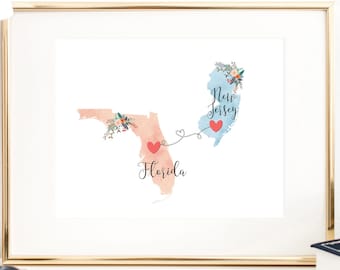 New Jersey Florida Wall Art / Florida New Jersey Print / Florida Hostess Gift / Moving to New Jersey / Going Away to College Gift