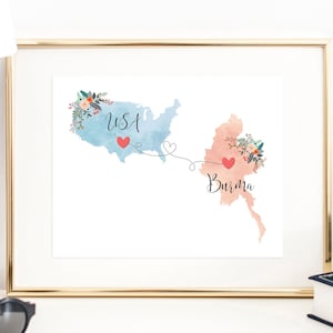 USA Burma Wall Art / Burma USA Print / United States Burma Print / Trip Reveal Print / Military Gifts / Au Pair Gifts / Vacation Reveal