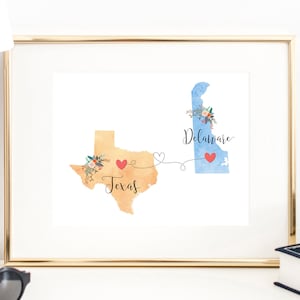 Texas Delaware Wall Art / Delaware Texas Print / Texas Delaware Print / Two State Print / State Decor / Texas Decor