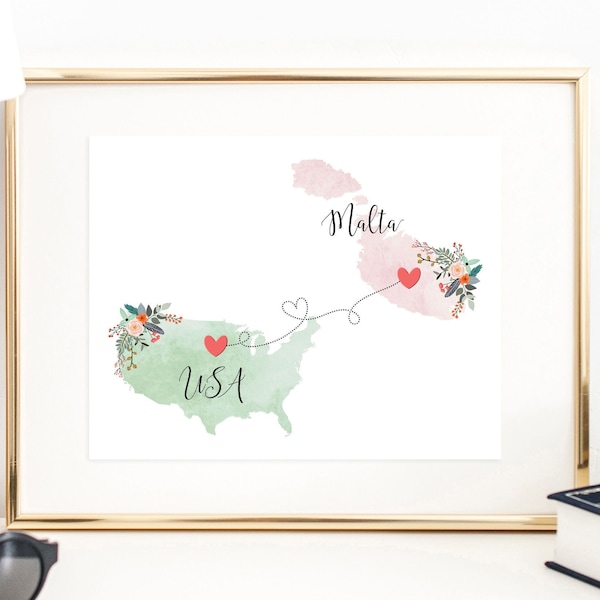 USA Malta Wall Art / Malta USA Print / United States Malta Print / Trip Reveal Print / Military Gifts / Au Pair Gifts / Vacation Reveal