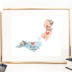 New Jersey North Carolina Wall Art / North Carolina New Jersey Print / New Jersey Decor / North Carolina Decor / Miss You Gift