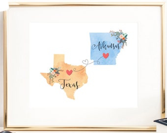 Arte de parede do Texas Arkansas / Impressão do Texas Arkansas / Impressão do Texas Arkansas / Impressão de dois estados / Decoração estadual / Decoração do Texas