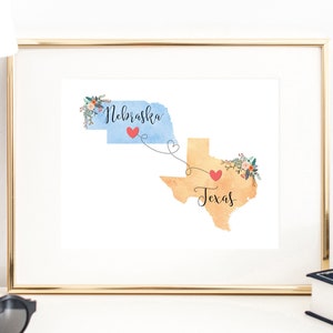 Texas Nebraska Wall Art / Nebraska Texas Print / Texas Nebraska Print / Two State Print / State Decor / Texas Decor
