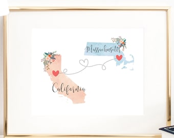 California Massachusetts Wall Art / California Massachusetts Print / Massachusetts California Print / Two State Print / State Decor