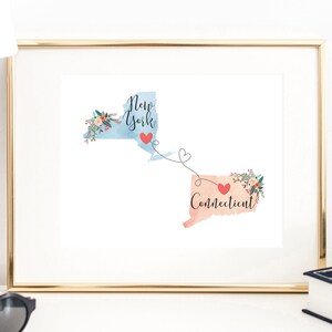 New York Connecticut Wall Art / Connecticut New York Print / Connecticut Hostess Gift/Déménagement à New York/Going Away to College Gift