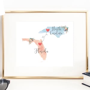 North Carolina Florida Wall Art / Florida North Carolina Print / Florida Hostess Gift / Moving to North Carolina /Going Away to College Gift