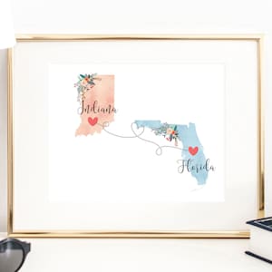 Indiana Florida Wall Art / Florida Indiana Print / Florida Hostess Gift / Moving to Indiana / Going Away to College Gift