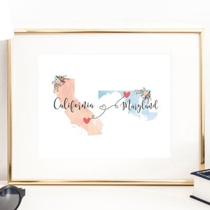 Arte de la pared de California Maryland / Impresión de California Maryland / Regalo de agradecimiento de anfitriona / Impresión de dos estados / Decoración estatal