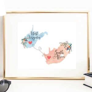 South Africa West Virginia Wall Art / West Virginia South Africa Print / Hostess Thank You Gift /  State Country Print / South Africa Decor