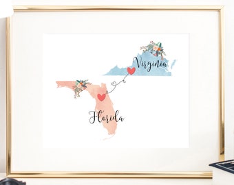 Virginia Florida Wall Art / Florida Virginia Print / Florida Hostess Gift / Moving to Virginia / Going Away to College Gift