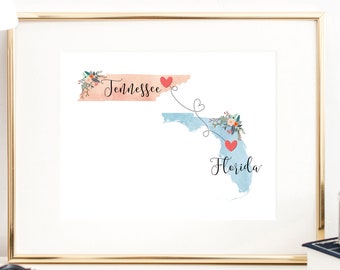 Tennessee Florida Wall Art / Florida Tennessee Print / Florida Hostess Gift / Moving to Tennessee / Going Away to College Gift