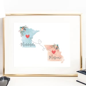 Sztuka ścienna Minnesota Missouri / Wydruk Minnesota Missouri / Wystrój Missouri Minnesota / Wydruk dwóch stanów / Wystrój stanu / Prezent „Tęsknię za Tobą”