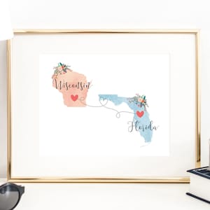 Wisconsin Florida Wall Art / Florida Wisconsin Print / Florida Hostess Gift / Moving to Wisconsin / Going Away to College Gift