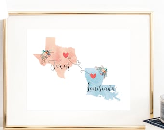 Arte de parede do Texas, Louisiana / Impressão do Texas, Louisiana / Impressão do Texas, Louisiana / Impressão de dois estados / Decoração de estado / Presente de despedida