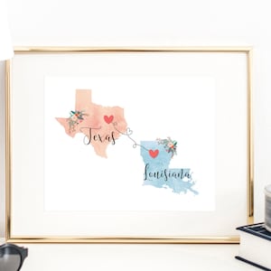 Texas Louisiana Wand Kunst / Texas Louisiana Druck / Louisiana Texas Druck / Zwei Zustandsdruck / Zustandsdekor / Geschenk zum Weggehen