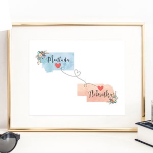 Nebraska Montana Wall Art / Nebraska Montana Print / Montana Nebraska Decor / Two State Print / State Decor / Dorm Decor / Missing You Gift