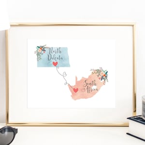 Południowa Afryka Północna Dakota Sztuka ścienna / Północna Dakota Południowa Afryka Wydruk / Prezent z podziękowaniem dla gospodyni / Wydruk z krajem stanu / Wystrój Afryki