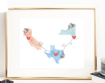 Custom Three State Print / Going Away Gift / Long Distance Gift / Best Friend Gift / Long Distance Relationship / State Country Print