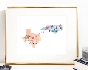 Arte de parede do Texas, Carolina do Norte / Impressão do Texas, Carolina do Norte / Impressão do Texas, Carolina do Norte / Impressão de dois estados / Decoração estadual / Decoração do Texas