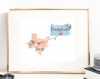 Texas Pennsylvania Wall Art / Pennsylvania Texas Print / Texas Pennsylvania Print / Two State Print / State Decor / Texas Decor