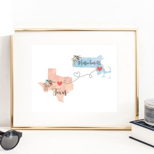 Texas Massachusetts Wand Kunst / Massachusetts Texas Druck / Texas Massachusetts Druck / Zwei Zustandsdruck / Zustand Dekor / Texas Dekor