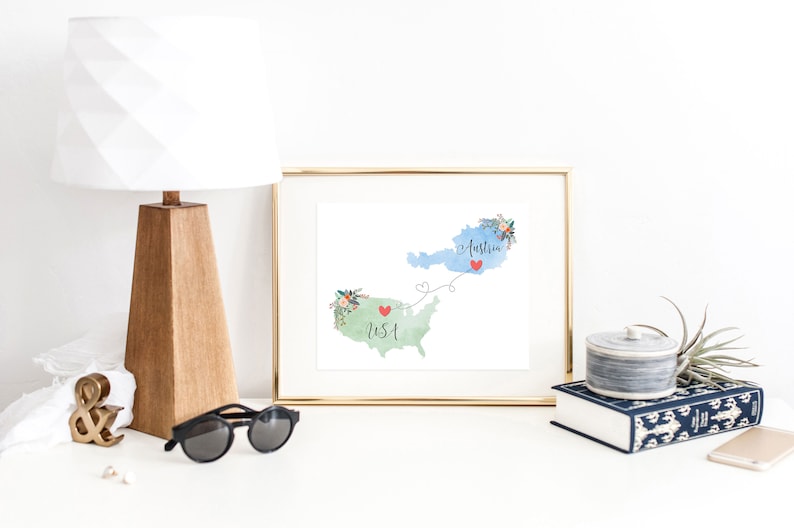 Arte de pared de EE. UU., Austria / Impresión de Austria, EE. UU. / Impresión de Estados Unidos, Austria / Impresión de revelación de viaje / Regalo militar / Regalos para au pair / Revelación de vacaciones imagen 2