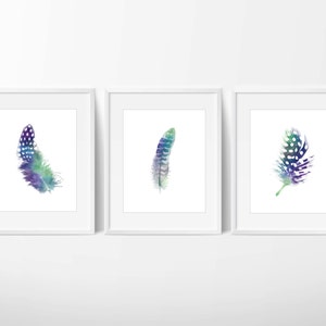 Set of 3 Feather Prints / Colorful Feather Print / Feather Wall Art / 5x7, 8x10, 11x14, 13x19 / Nursery Set of 3 / Feather Set / Purple Blue