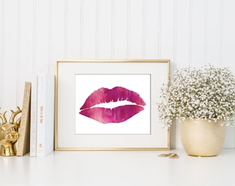 Watercolor Lip Print / Pink and White / Fashion Print / Wall Art / 5x7, 8x10, 11x14 / Kiss Print / Sexy Decor / Lip Art