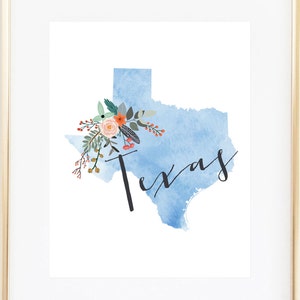 Texas Print / Texas Decor / Texas Gift / Texas Art / Texas Watercolor / Floral Texas / Up to 11x14