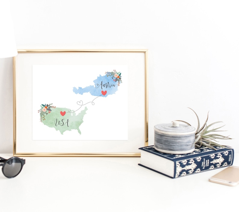 Arte de pared de EE. UU., Austria / Impresión de Austria, EE. UU. / Impresión de Estados Unidos, Austria / Impresión de revelación de viaje / Regalo militar / Regalos para au pair / Revelación de vacaciones imagen 1