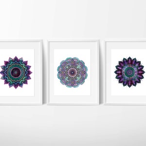 Set of Three Mandala Prints / Yoga Prints / Meditation Prints / Zen Prints / Purple Mandalas / Sacred Geometry Prints / Rectangular + Square