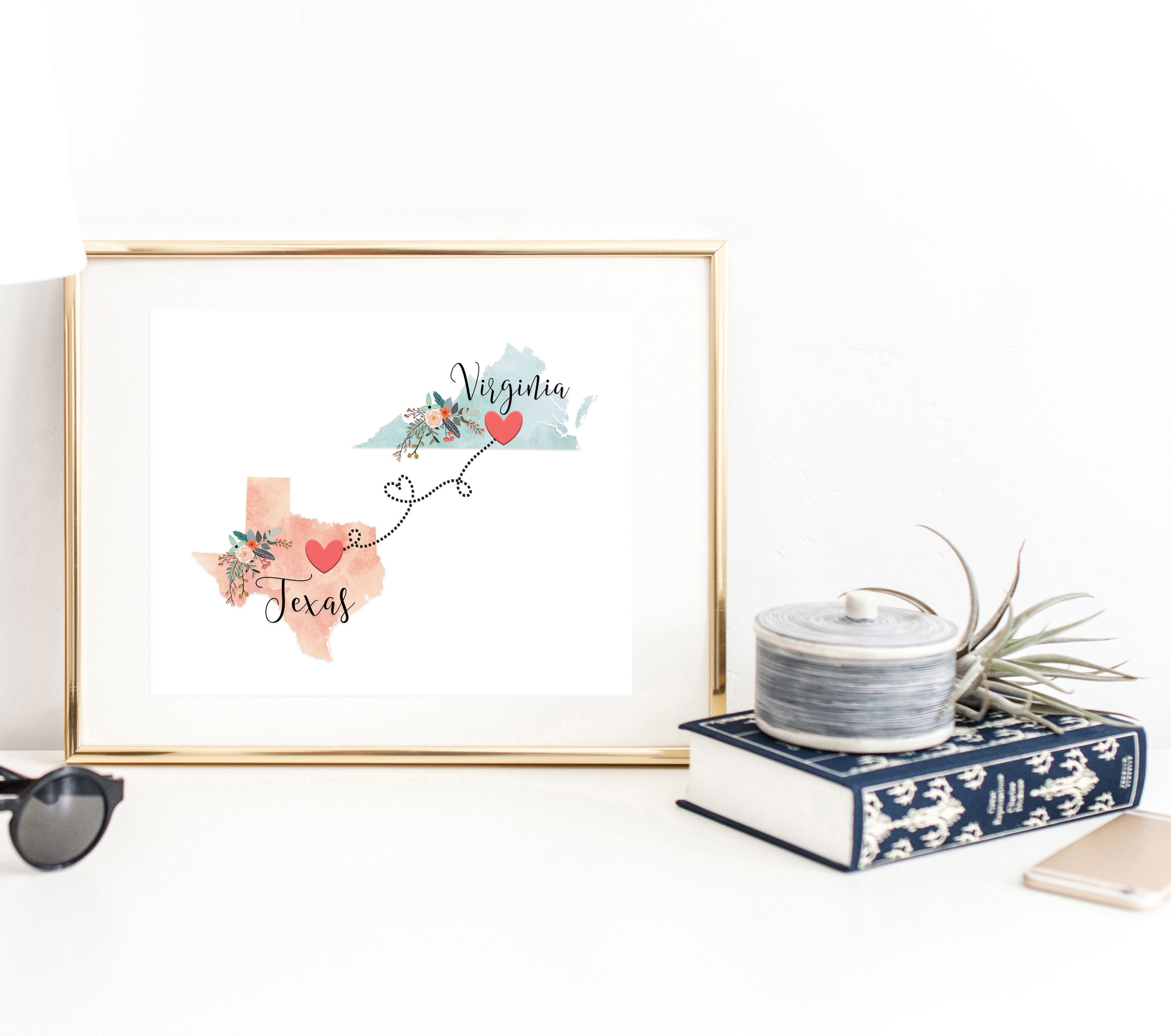 Texas Virginia Wall Art / Virginia Texas Print / Virginia Decor / Two State Print / State Decor / Texas Decor / Virginia Hostess Gift
