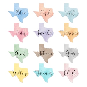 K&ouml;nnte beinhalten: Zw&ouml;lf Aquarell-Illustrationen des Bundesstaates Texas in verschiedenen Farben, darunter Blau, Koralle, Teal, Pink, Lavendel, Mandarine, Gr&uuml;n, Tabak, Grau, Gelb, T&uuml;rkis und Blush.