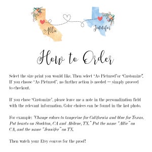 K&ouml;nnte beinhalten: Anleitung zum Bestellen eines personalisierten Drucks von zwei Bundesstaaten, die durch ein Herz verbunden sind. Die Bundesstaaten sind Kalifornien und Texas. Der Text "Allie" befindet sich auf Kalifornien und "Jennifer" auf Texas. Der Text "How to Order" befindet sich oben im Bild.