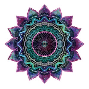 May include: A colorful mandala with intricate details in shades of purple, blue, and green. The mandala is surrounded by a flower-like design with pointed petals.