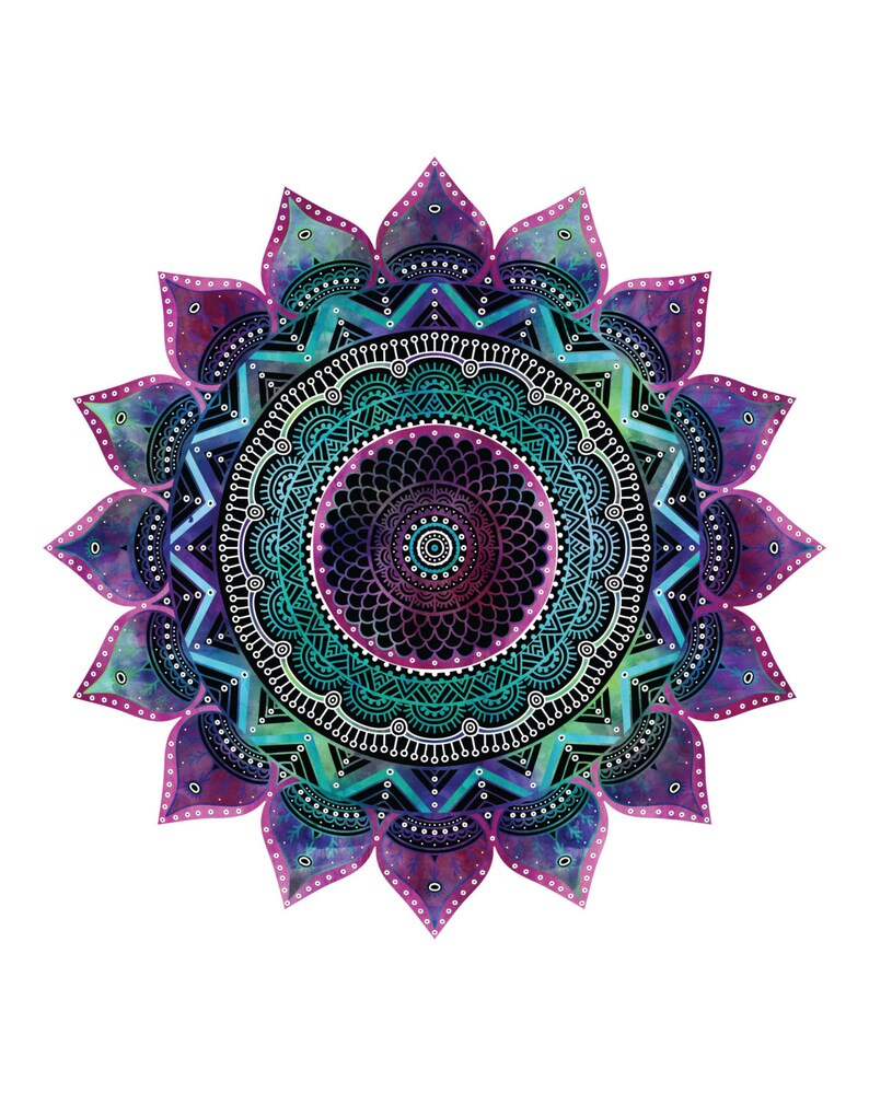 May include: A colorful mandala with intricate details in shades of purple, blue, and green. The mandala is surrounded by a flower-like design with pointed petals.