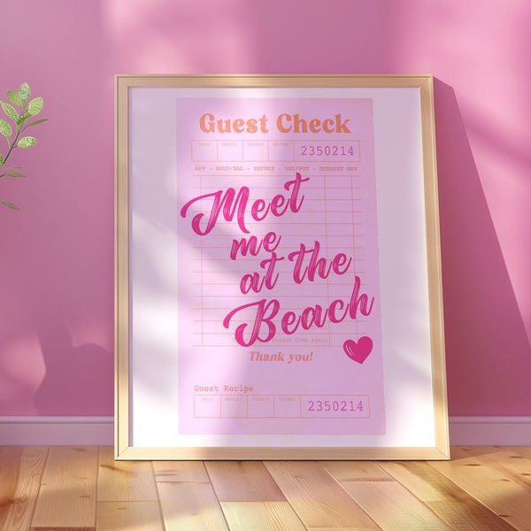 Meet Me At The Beach - Trendy Wall Art | Vintage, Ideal for beach house, Inspired Guest Check Art, Girly Room Decor, Pink Script Calligraphy
