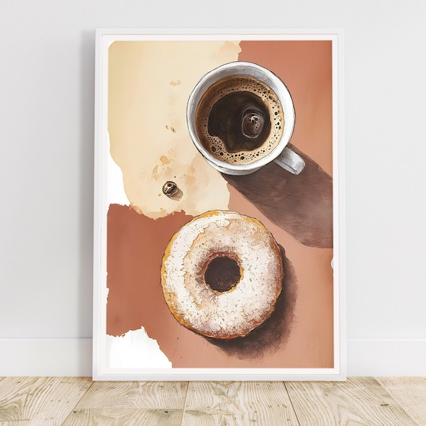 Happy morning | Coffee and Donut Fine Art Print, Kitchen Decor, Rustic Food Poster, Digital Download, Café Wall Art, Breakfast, Life