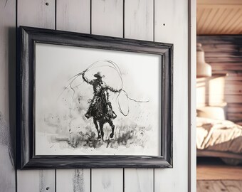 Wild West Spirit | Cowboy on Horseback Ink Art, Western Decor, Printable Rodeo Poster, Monochrome Equestrian Art, Wall Art, Digital Download