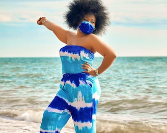 Tie-Dye-Jumpsuit mit Gesichtsmaske, Freizeitkleidung, Streetwear, afrikanisches Outfit, Boho-Urlaubs-Jumpsuit, traditionelle ethnische Kleidung, Spielanzug