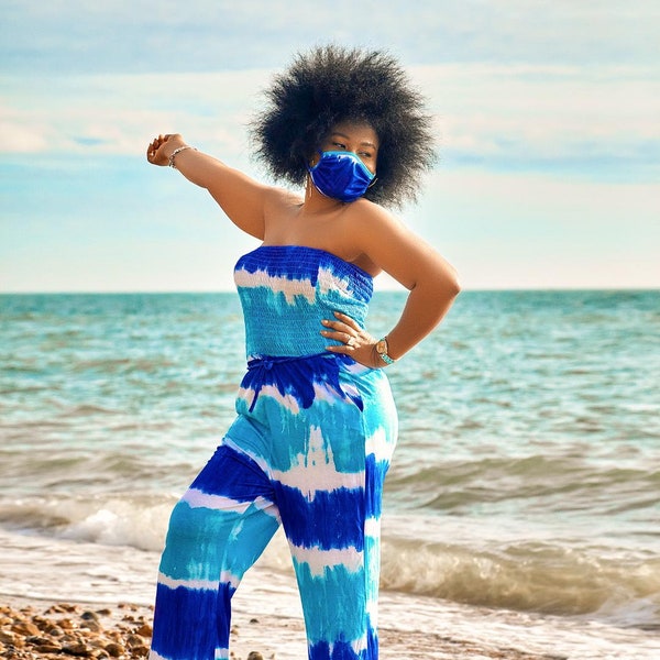 Tie Dye Jumpsuit With Face Mask, Casual Wear, Streetwear, African outfit, Boho Vacation Jumpsuit, Native Ethnic Traditional Wear, Playsuit