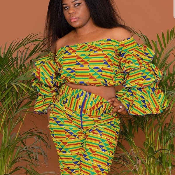 2pc African Wax Print Top and Pants Set, Ankara Clothing, Traditional Wear, Nigerian Cultural Outfit, Off Shoulder Owambe Top & Pants, Gift