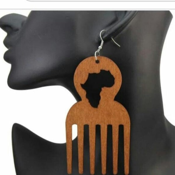 Afro Hair Earrings, African Comb Wooden Earrings, Tribal Accessory, Ethnic Jewelry, Nigerian Traditional Cultural Native Earrings, Earrings