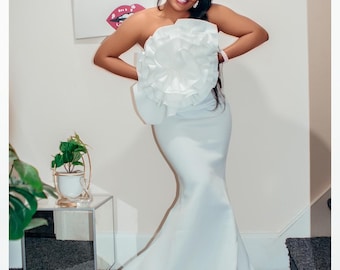 Luxury White Rose Dress, 3D Flower Dress, Mermaid Dress, Wedding Dress,Reception Dress, FishTail Aline Party Dress, Strapless Cocktail Dress
